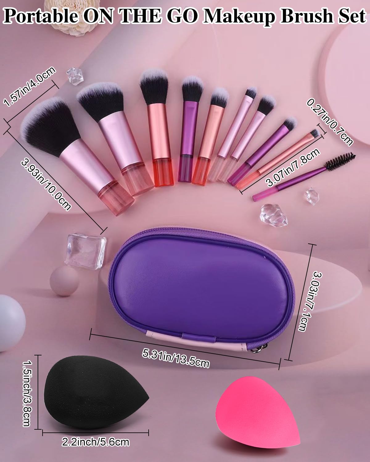 PGRODE Mini Travel Makeup Brushes Set, 14 Pieces, Portable Full Complete Function Cosmetic Kit with Brush Pouch, On the Go Short