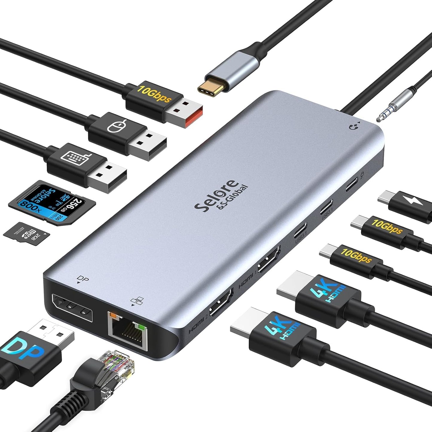 Usb C Docking Station Dual Monitor,Selore 13 In 1 Usb C Hub 3 Monitors With Dual Hdmi,Dp,10G Usb A/C,100W Pd,5 Usb A/C Ports,Gig