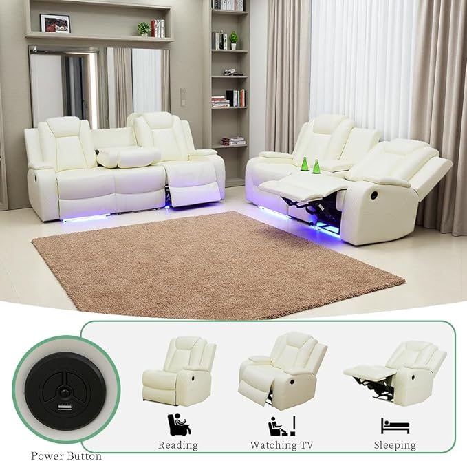 Power Reclining Sofa Set with Drop-down Table, Living Room Furniture Sets, Vanilla White Breathing Leather Sofa Power Sofa and Loveseat with Cup Holders/Storage Console/LED Light for Living Room