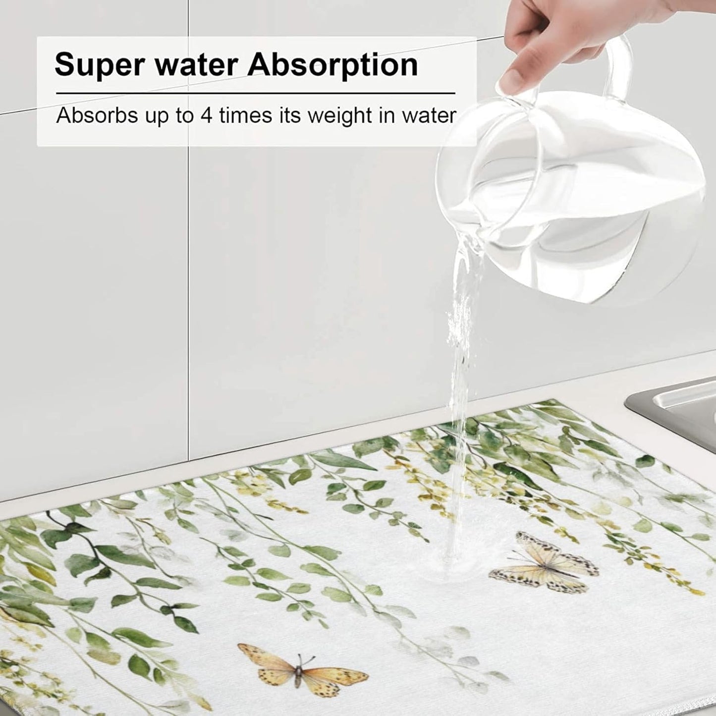 Dish Drying Mat for Kitchen Butterfly Watercolor Botanical Leaf Counter Absorbent Dishes Drainer Microfiber Large 18x24 Inch