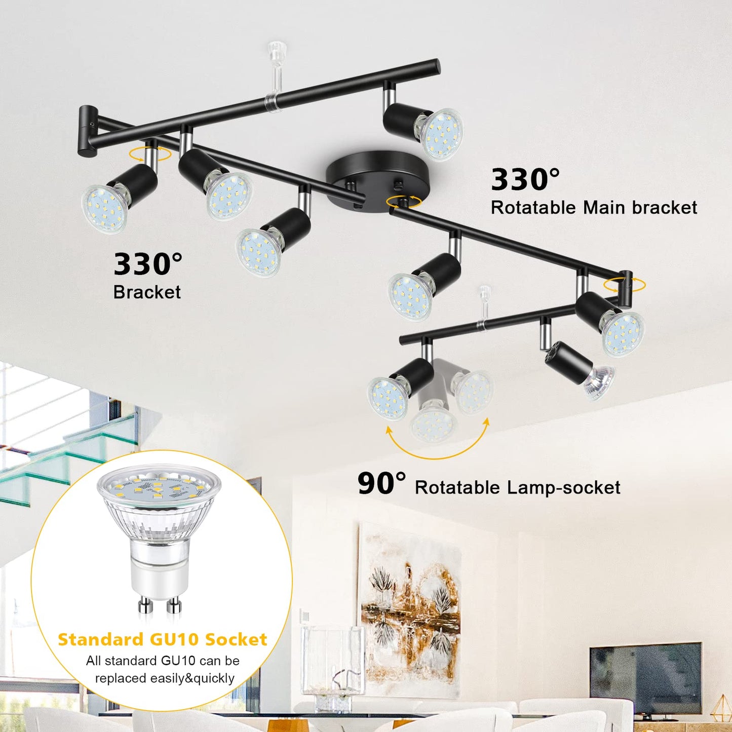Unicozin LED 8 Light Track Lighting Kit, Black 8 Way Ceiling Spot Lighting, Flexibly Rotatable Head, Track Light Included 8 x LED GU10 Bulb (4W, Daylight White 5000K, 400LM)