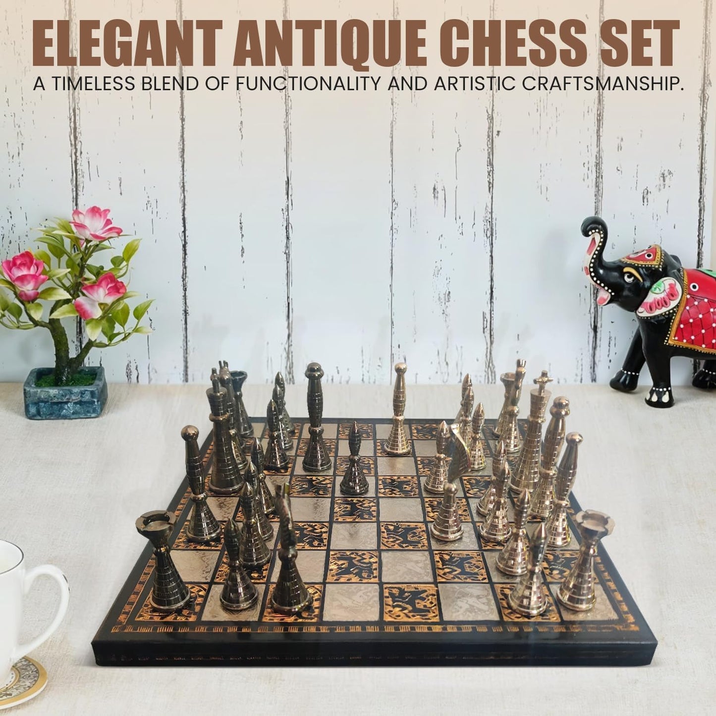 Luxury Handcrafted Brass Chess Set Black and Silver Metal Pieces with Premium Folding Board and Storage Box | Antique Finish Royal Gift and Decorative Board Game for Home Office Collectors (Tribal)