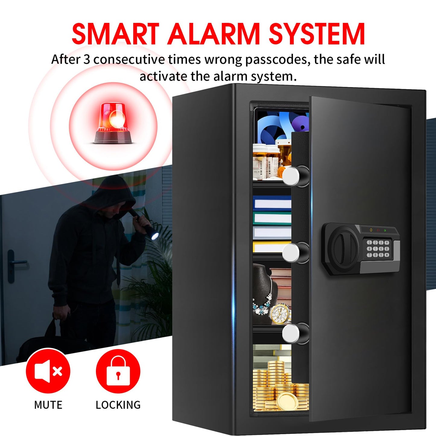 5.1 Cuft Large Home Safes Water and Fireproof with Digital Keypad & Key Lock, Fire Security Safes with 3 Removable Shelves, Anti-Pry Safe Box for Money Documents Jewelry, 23.62"H x14.96"W x 12.2"D