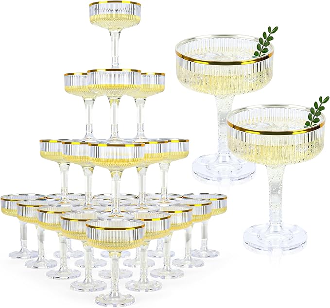 48 Pack Clear Champagne Tower Glasses 7 Oz Champagne Flutes Plastic Champagne Coupe Glasses With Gold Rim Disposable Marti...