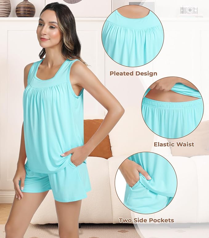 NACHILA Pajamas for Women-Viscose from Bamboo, Ribbed Racerback Tank Top Sexy Split Shorts Pajama Sets Cooling Sleep Cami Pjs