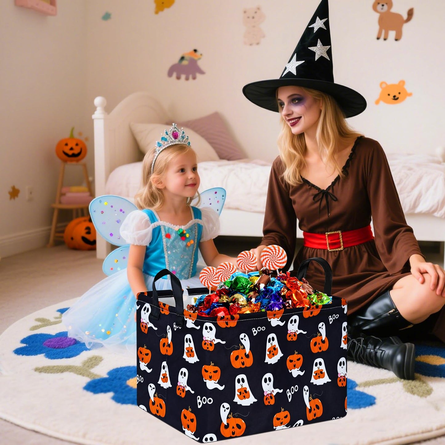 KUNRO Pumpkin Pattern Halloween Storage Gift Basket Canvas Storage Bins with Handles Rectangle Storage Cubes Organizer for Bedroom Living Room