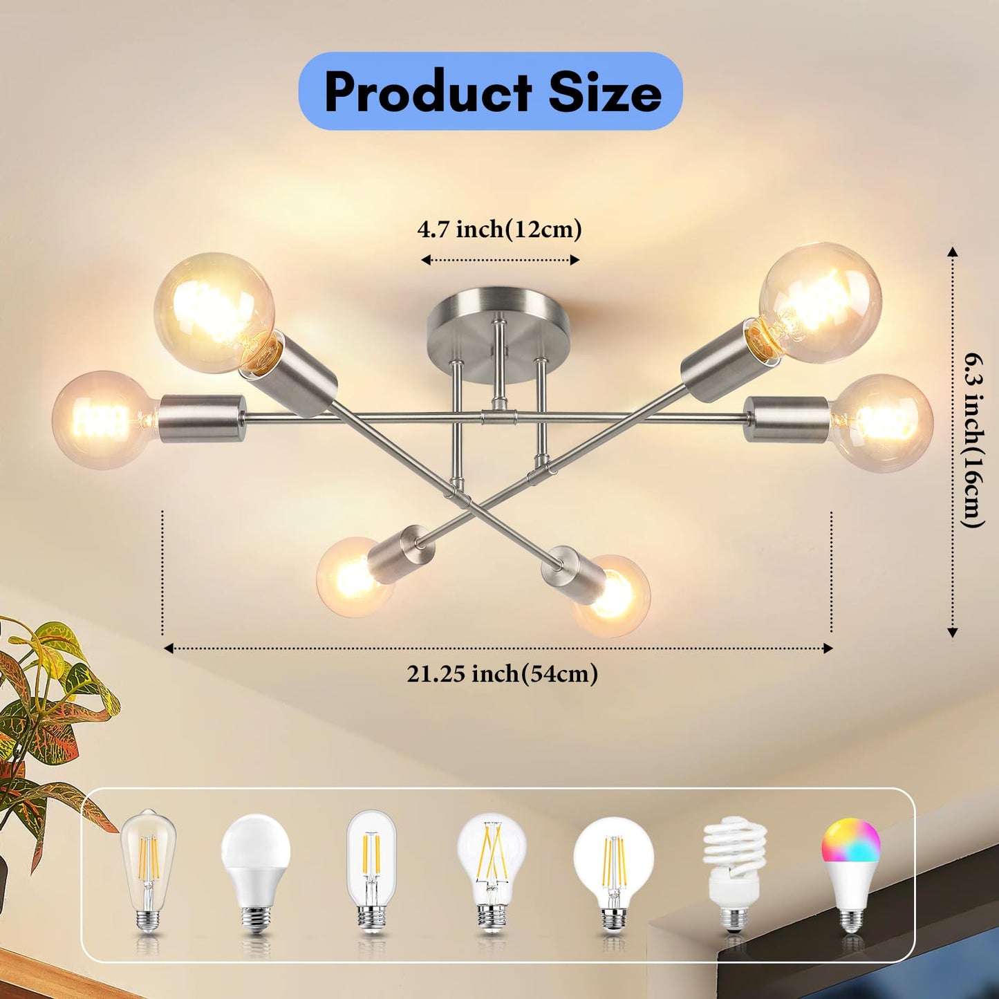 Modern Sputnik Chandelier, 6-Light Ceiling Light Fixture, Bedroom Light Fixture, Sputnik Lights Fixture for Living Room, Dining Room, Kitchen, Office, Foyer, Hallway (Brushed Nickel) - E26 Base