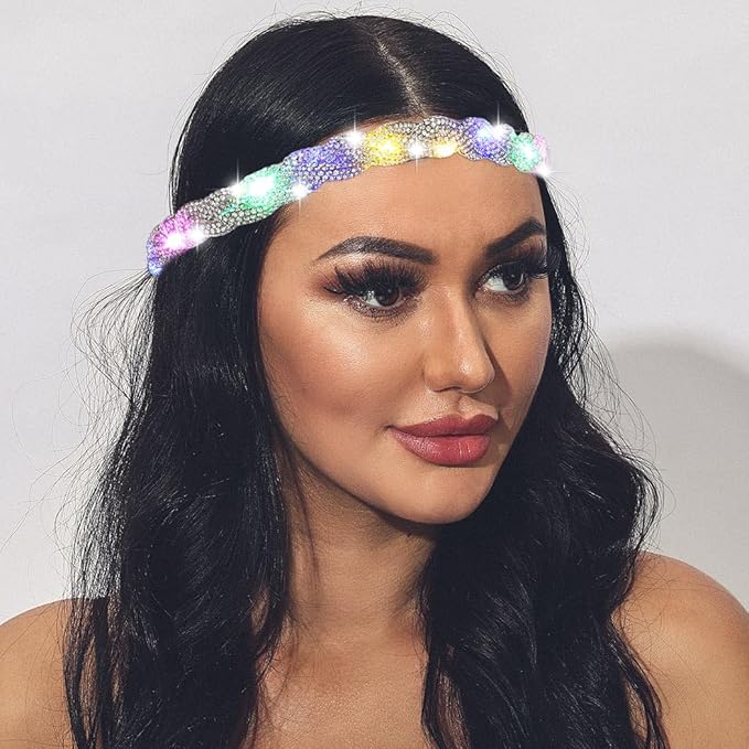 ACEDRE Light Up Rhinestone Headband LED Rave Headpiece Glow Silver Crystal for Women