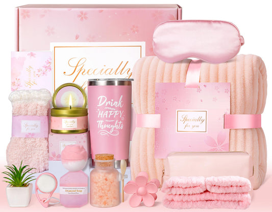 15PCS Birthday Gifts for Women, Self Care Gifts Get Well Soon Gifts, Relaxing Spa Gifts Basket Care Package w/ Flannel Blanket and 20 oz Tumbler, Mothers Day, Christmas, Friendship Gift for Mom Wife