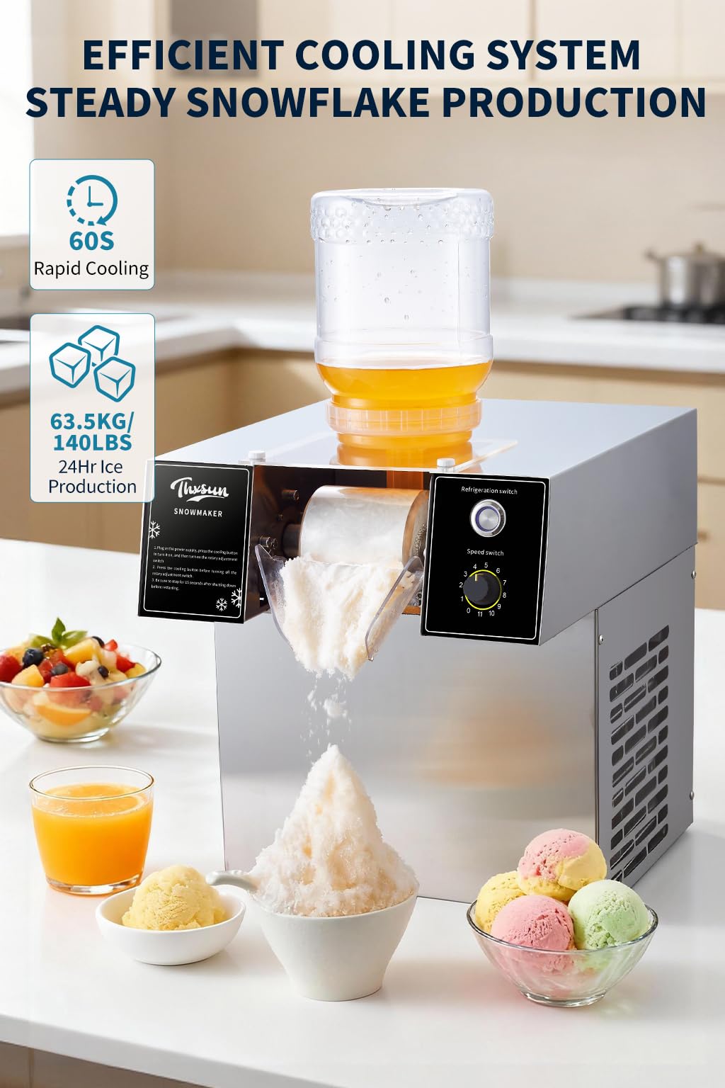 THXSUN Snowflake Ice Machine, THXSUN 360W Commercial Shaved Ice Maker, 140lbs/24H Rapid Cooling Snowflake Ice Machine, Food-Grade Stainless Steel Snow Ice Maker for Restaurant, Café, Bar, Party