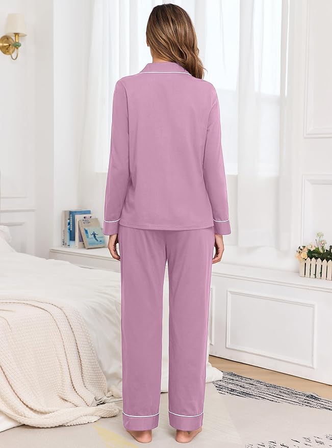 Veseacky 100% Cotton Pajamas for Women Set Long Sleeve Button Down Sleepwear Soft Pjs Lounge Sets with Pockets XS-XXL