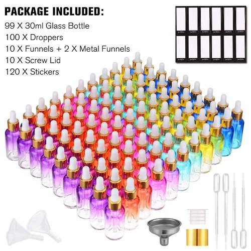 PrettyCare Glass Eye Dropper Bottles 99 Pack, 1oz (30ml) Rainbow Empty Thick Bottles Bulk with Leakproof Golden Caps - With Labels & Funnels for Storage, Travel, Essential Oils, Cuticle, Tinctures