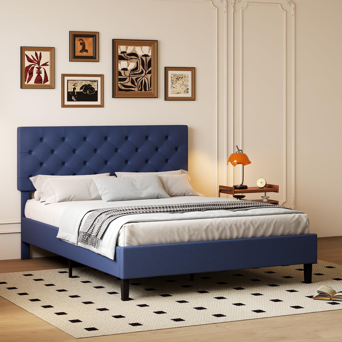 REVOMINCA Upholstered Queen Size Bed Frame with Headboard, Platform Bed with Button Tufted Desigh, No Box Spring Required, Easy Assembly, Navy Blue