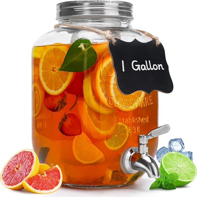 1 Gallon Glass Beverage Dispenser with Lid, Stainless Steel Spigot, Glass Drink Dispensers for Parties, Lemonade Dispenser...