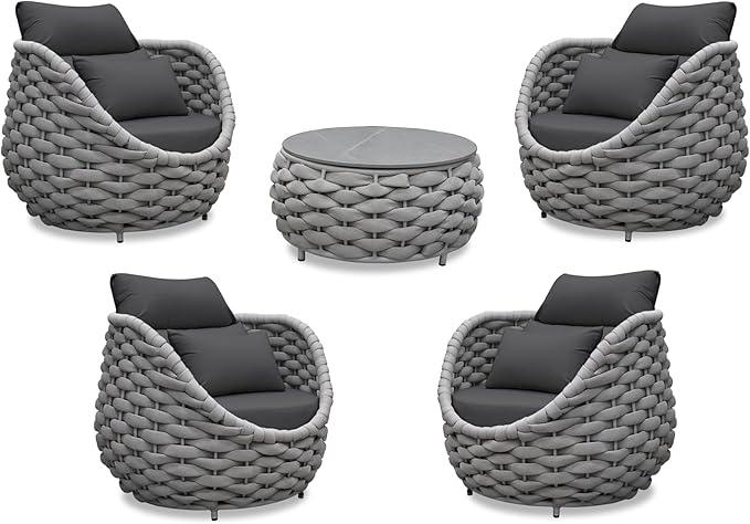 Erotr Woven Rope Deck Furniture Set: 5 Pieces Aluminum Patio Conversation Set All Weather - Cushioned Outdoor Sofa Set Assembled - Metal Modern Couch Set for 400 lbs Porch Deck Garden Poolside Hotel