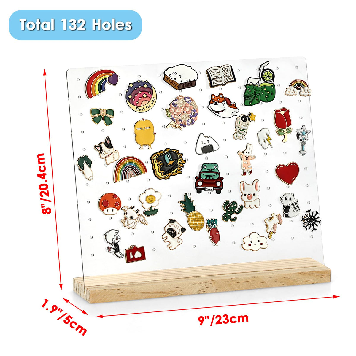 JUXYES Pack of 2 Clear Acrylic Pin Display Stand with Wooden Base, Tabletop Pin Organizer Display Storage Stand, Holds Up to 132