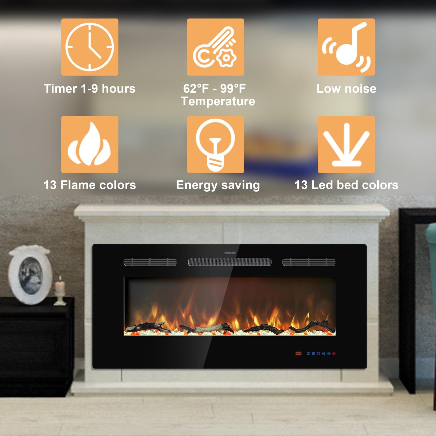 Kentsky 65 inches Electric Fireplace Inserts, Recessed and Wall Mounted Fireplace Heater, Linear Fireplace w/Thermostat, Remote & Touch Screen, Multicolor Flame, Timer, Log & Crystal, 750W/1500W