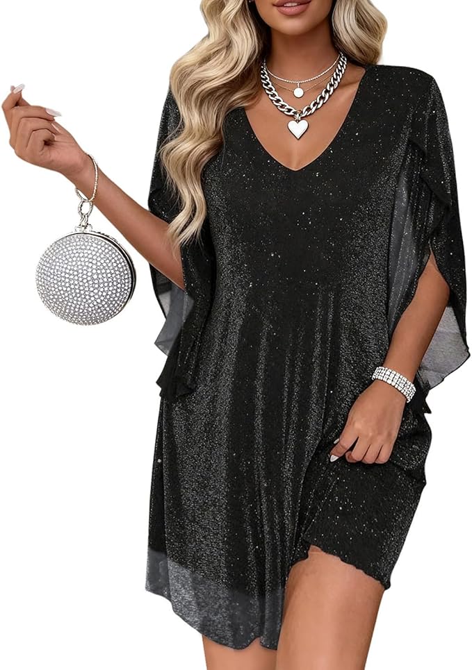 Gettalocky Women's Sparkly Cocktail Dresses for Wedding Guest Flutter Sleeve Loose Chiffon Party Dress