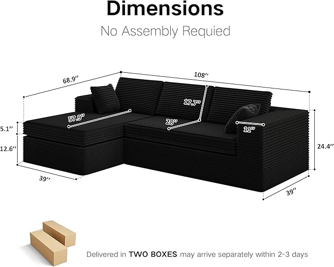 Extra Firm 108” Cloud Boneless Couches for Living Room,Modular Sectional Cloud Couch with Deep Seat, High-resilience Foam / Sag-resistant / Keeps its form, No Assembly Required (Left-Facing Chaise） | Quick Assembly, Extra Firm Support, Not easily colla...