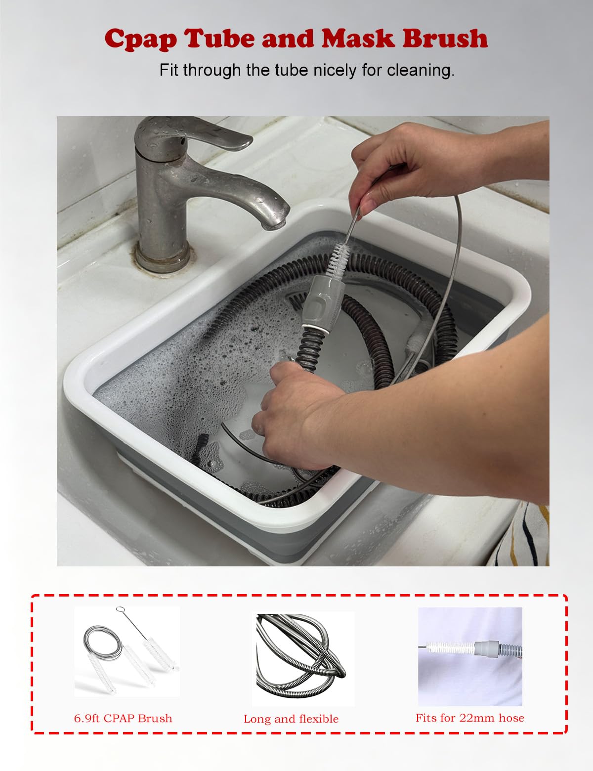 Theradaily CPAP Cleaning Kit for Hose and Mask, Cpap Machine Supplies Cleaner Includes Tube and Mask Cleaning Brush, Foldable Wash Tub, Hose Drying Hanger - Compatible with 22mm and 15mm Tubing