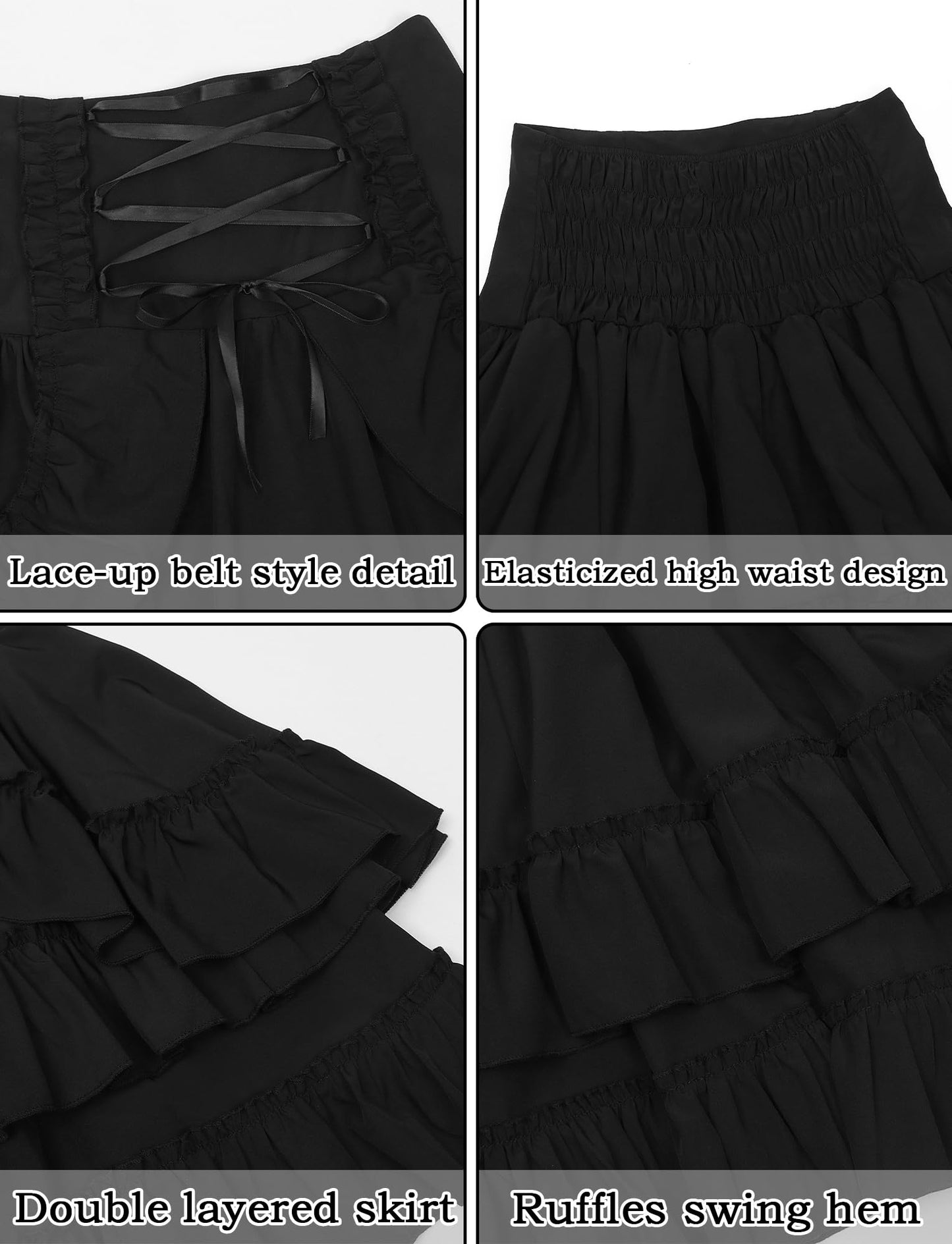 FEOYA Women Steampunk Gothic Retro High Low Ruffle Renaissance Skirt Victorian Cosplay Costume Pirate Bustle for Theme Party Halloween Black S