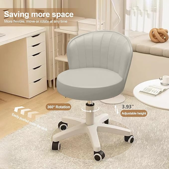 Small Round Rolling Desk Chair Armless Comfy Vanity Computer Chair with Low Backrest PU Leather Height Adjustable Swivel Work Spa Chair