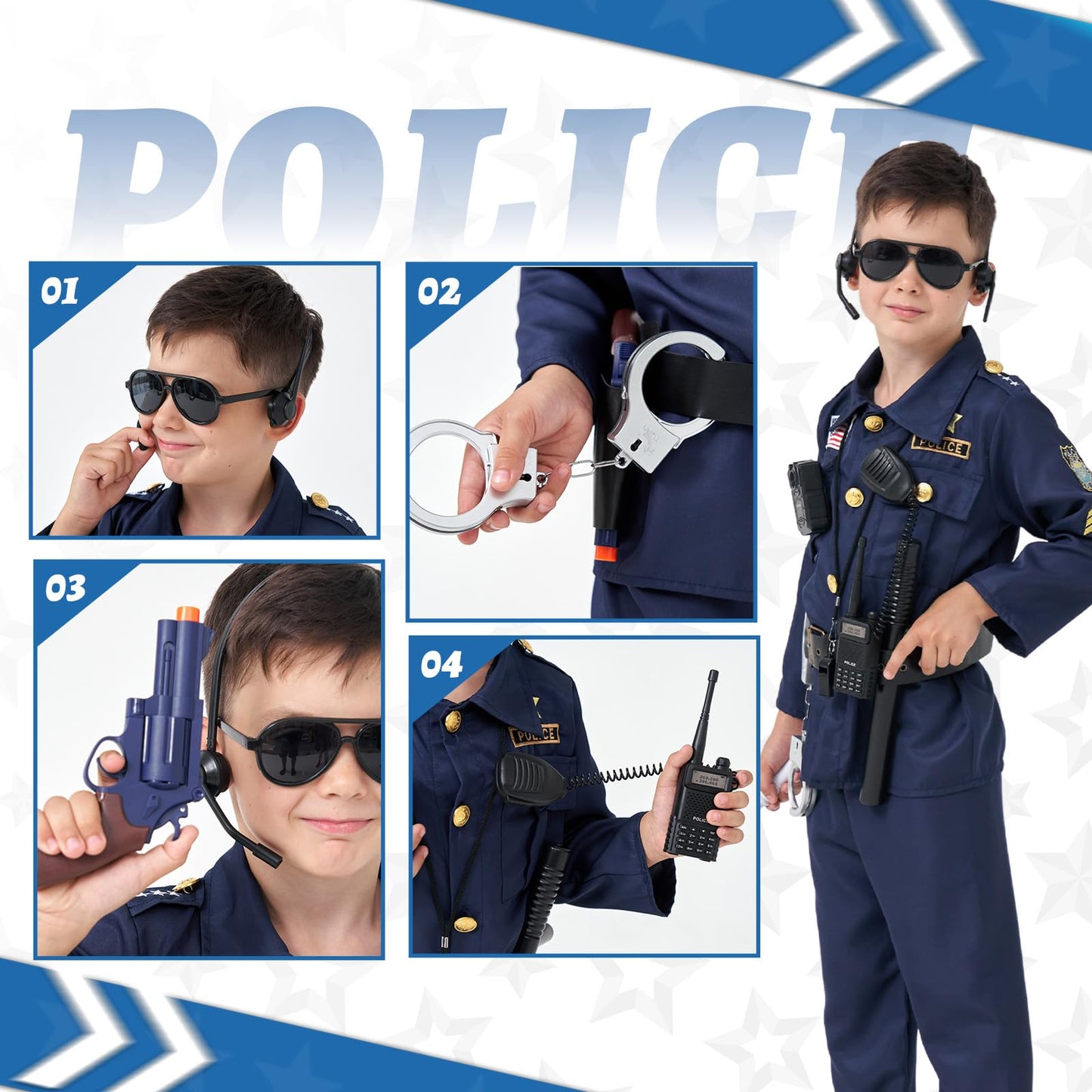 MGparty Police Officer Costume for Kids Halloween Police Cosplay Accessories for Boys Halloween Dress Up Party