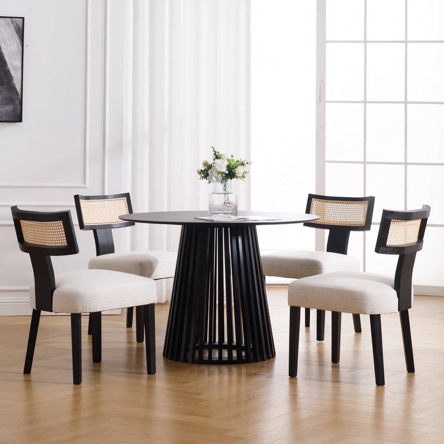 BESTANO Rattan Dining Chairs Set of 6, Mid-Century Modern Black Wooden Farmhouse Dining Chairs Linen Fabric Upholstered Kitchen Dining Room Chairs with Curved Cane Back, Beige