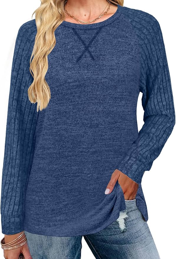 JomeDesign Long Sleeve Shirts for Women Crew Neck Sweatshirts Lightweight Sweaters Side Split Loose Casual Blouses