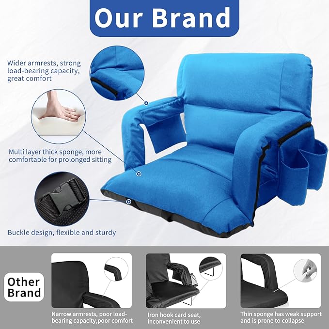 Stadium Seats with Back Support,Wide Stadium Chairs with Back and Cushion, Sofa Style Stadium Seats, 6 Reclining Positions, Extra Thick Bleacher Seat for Sports Events (Blue-1 Pack,Wide |22.5")