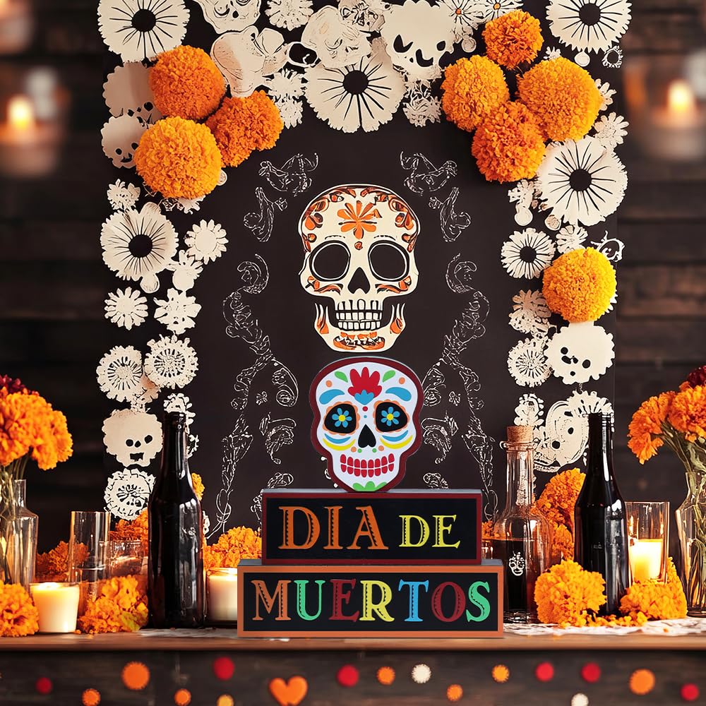 DECSPAS Day of The Dead Decorations, Wood Block Sugar Skull Dia De Los Muertos Decorations with Dia DE Muertos Sign, 3-Layered Wooden Skeleton Decor for Altar, Ofrenda, Home, Table, Mexican Fiesta
