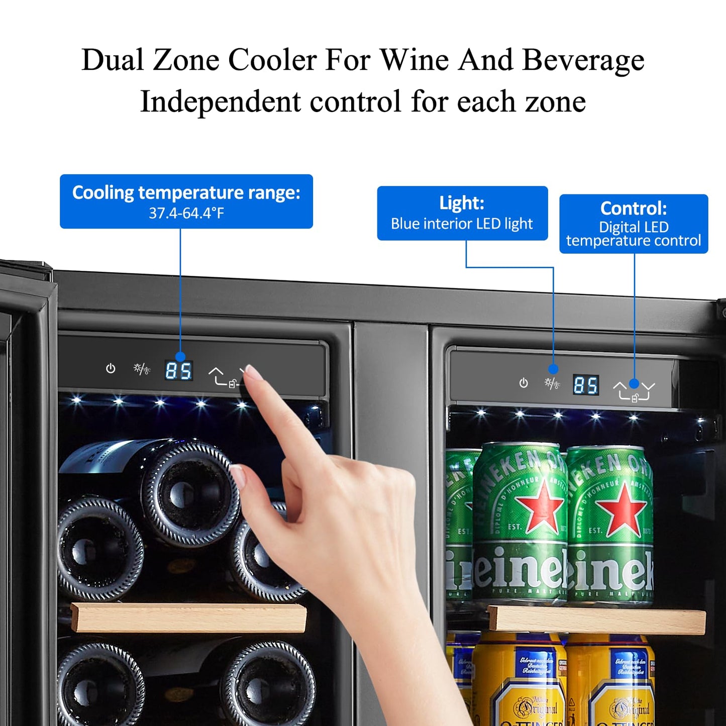 BODEGACOOLER 24 Inch Wine and Beverage Refrigerator Free Standing. Dual Zone Stainless Steel Wine Fridge under Counter, Drink Cooler for Beer, Soda, Champagne, Holds 41 Cans and 17 Bottles, Black