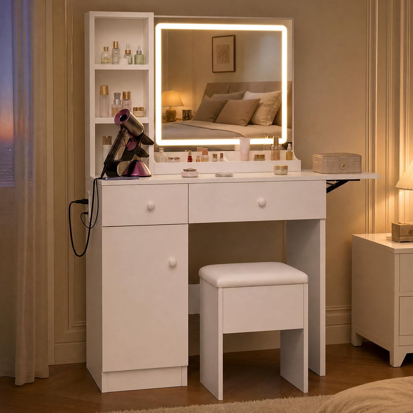 FUXA Vanity Desk with LED Lights Mirror and Charging Station, Makeup Vanity Table with Storage Drawers, Cabinet and Chair, Dressing Table Set for Bedroom, White