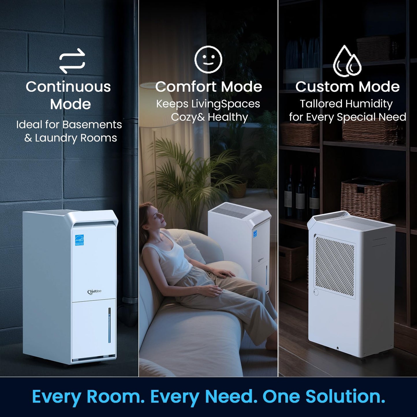 4,000 Sq.Ft Most Efficient Energy Star 2024 Dehumidifier,Vellgoo Max 64 Pint/D Dehumidifier for Basement with Drain Hose, Smart Humidity Control, for Home, Bathroom, Garage