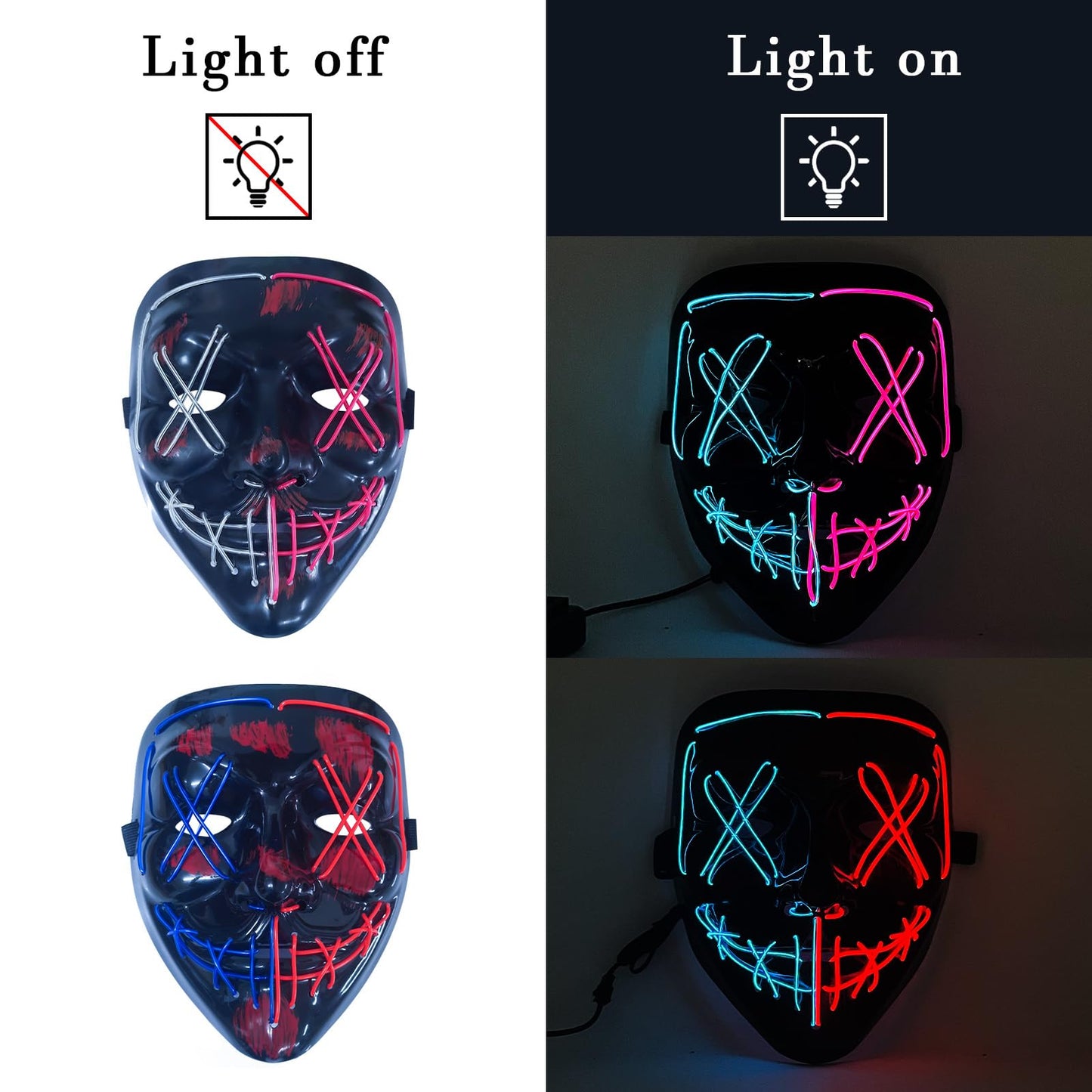 KaTiSeMo 2PCS Halloween Mask, LED Light up Masks, Halloween The Purge Masks with 3 Lighting Modes & 2 Colors El Wire,Scary Scream Mask for Festival Cosplay