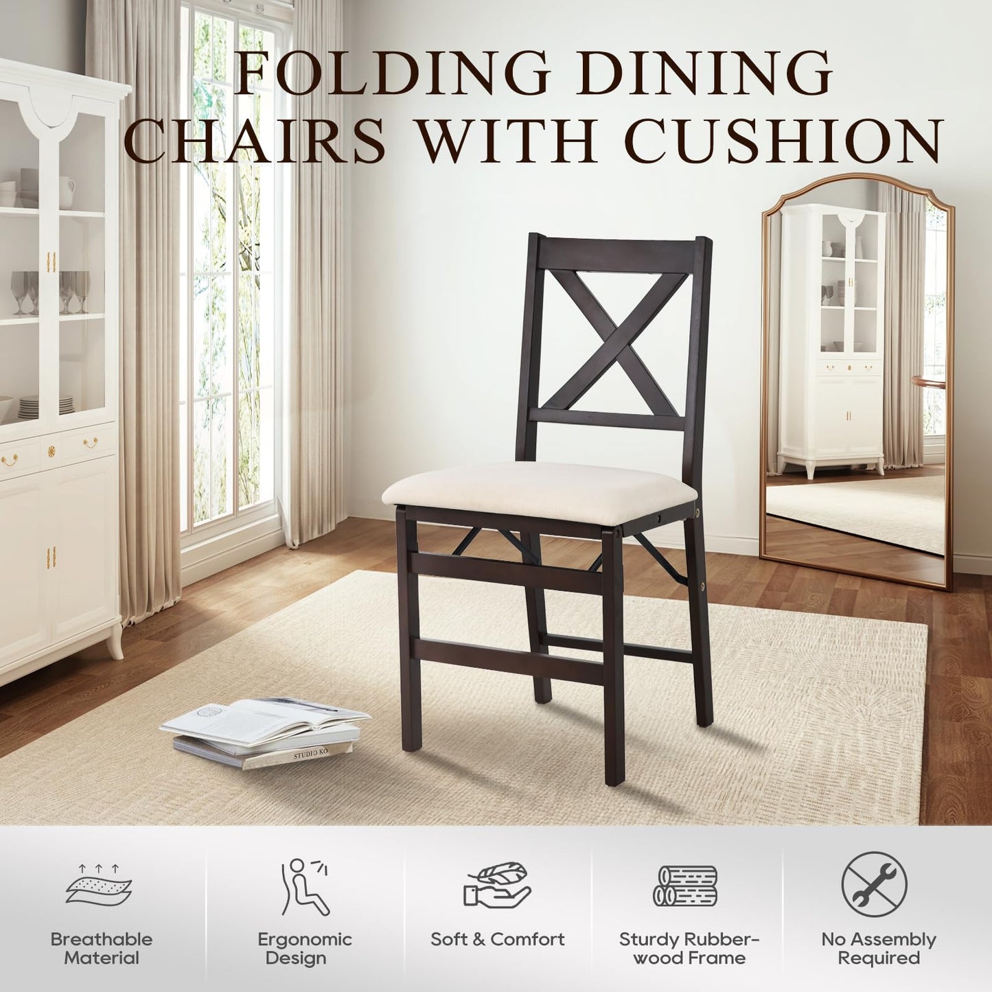 COLAMY Folding Dining Chairs Set of 2 – Beige Upholstered Wooden Dining Room Chairs for Kitchen & Small Spaces, Mid Century Modern Design, Space-Saving, No Assembly Required