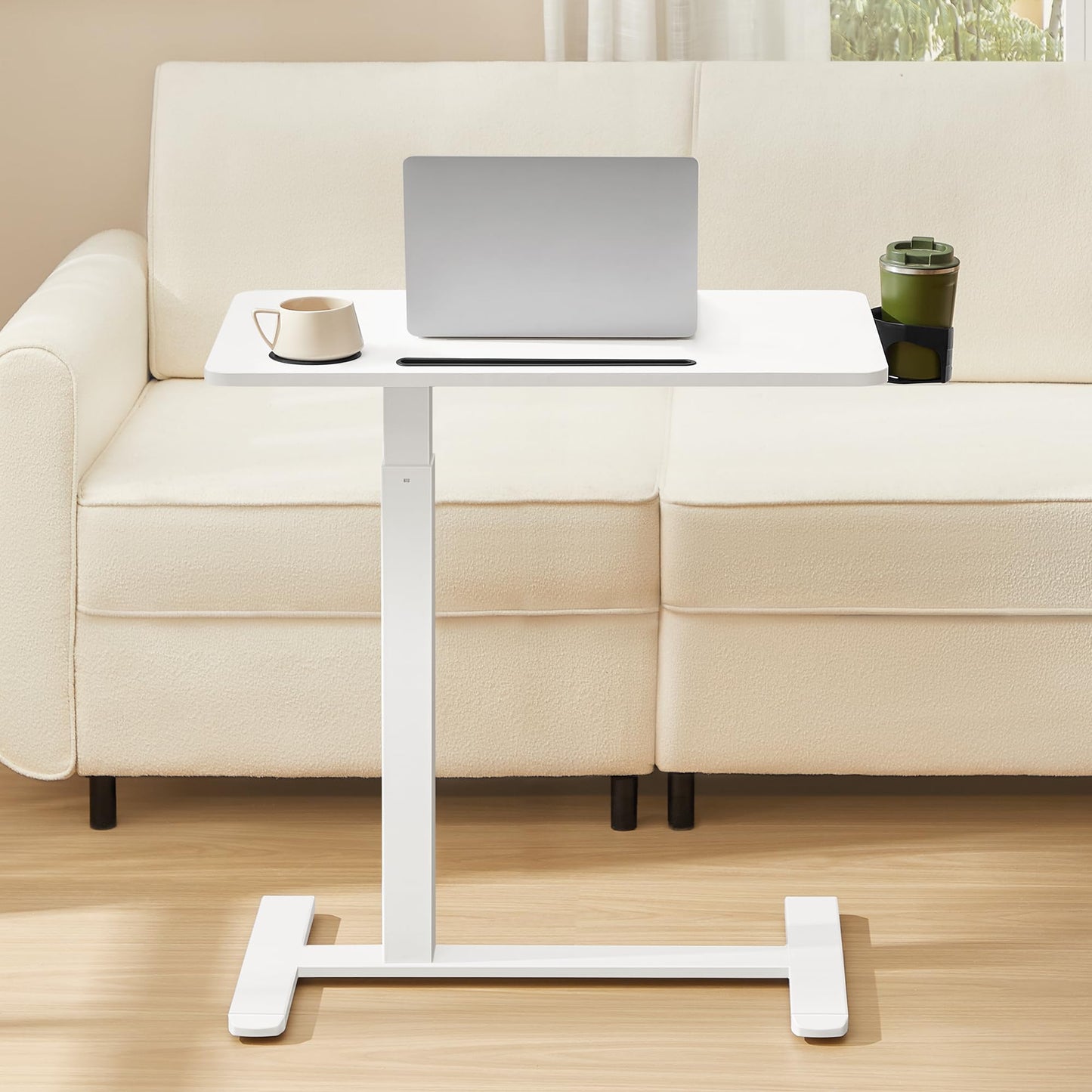 VASAGLE Overbed Table with Wheels, Mobile Standing Computer Desk, 27.6 x 15.7 Inches Tabletop, Adjustable Height, 2 Cup Holders, Phone and Tablet Slot, Cloud White ULSD600W01