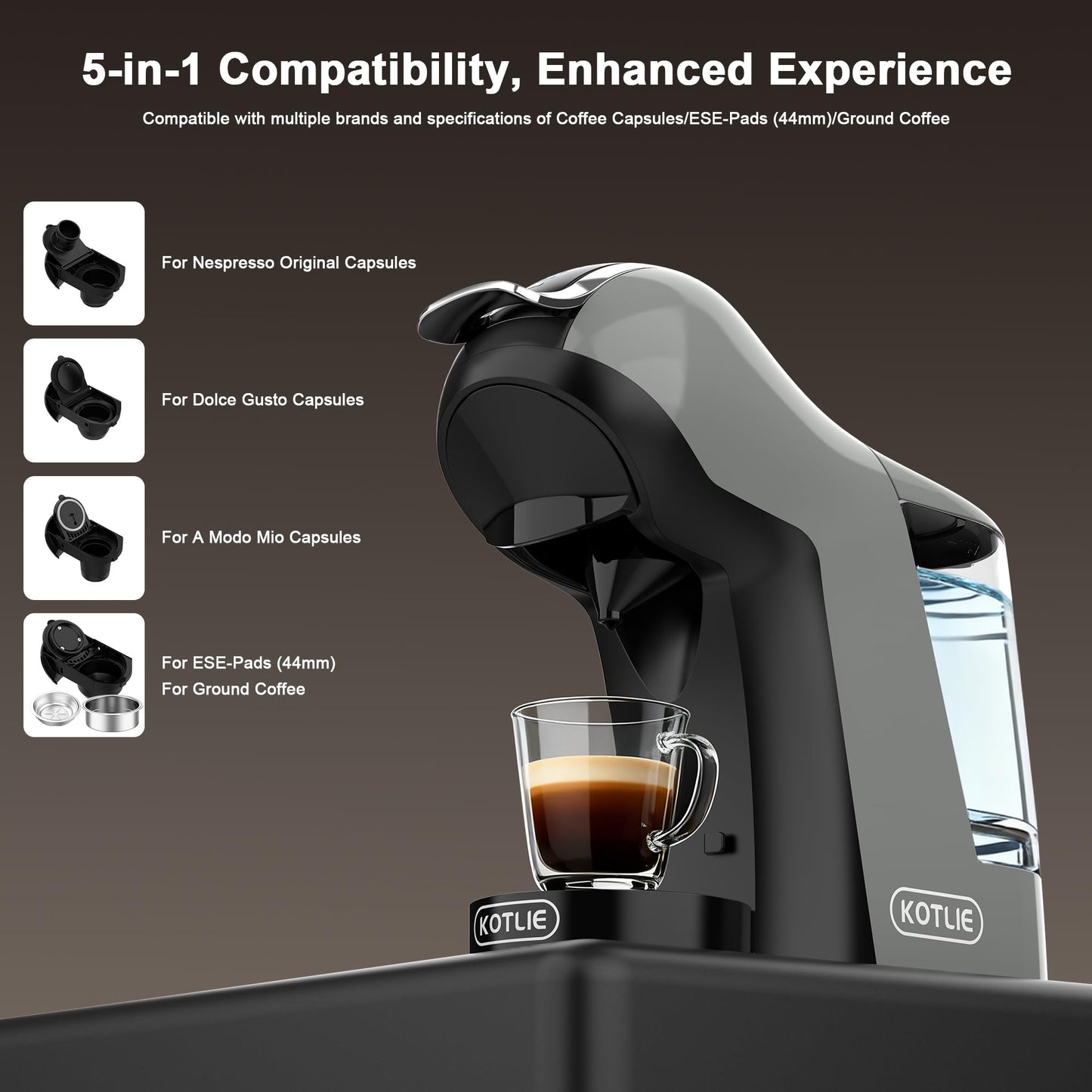KOTLIE EM-308B Espresso Machine, Single Serve Coffee Maker Compatible with Multiple Capsule Types, Ground Coffee, and ESE Pods. 3 Temperatures, 7 Water Volume Levels, and a 1L Water Tank（Gray）