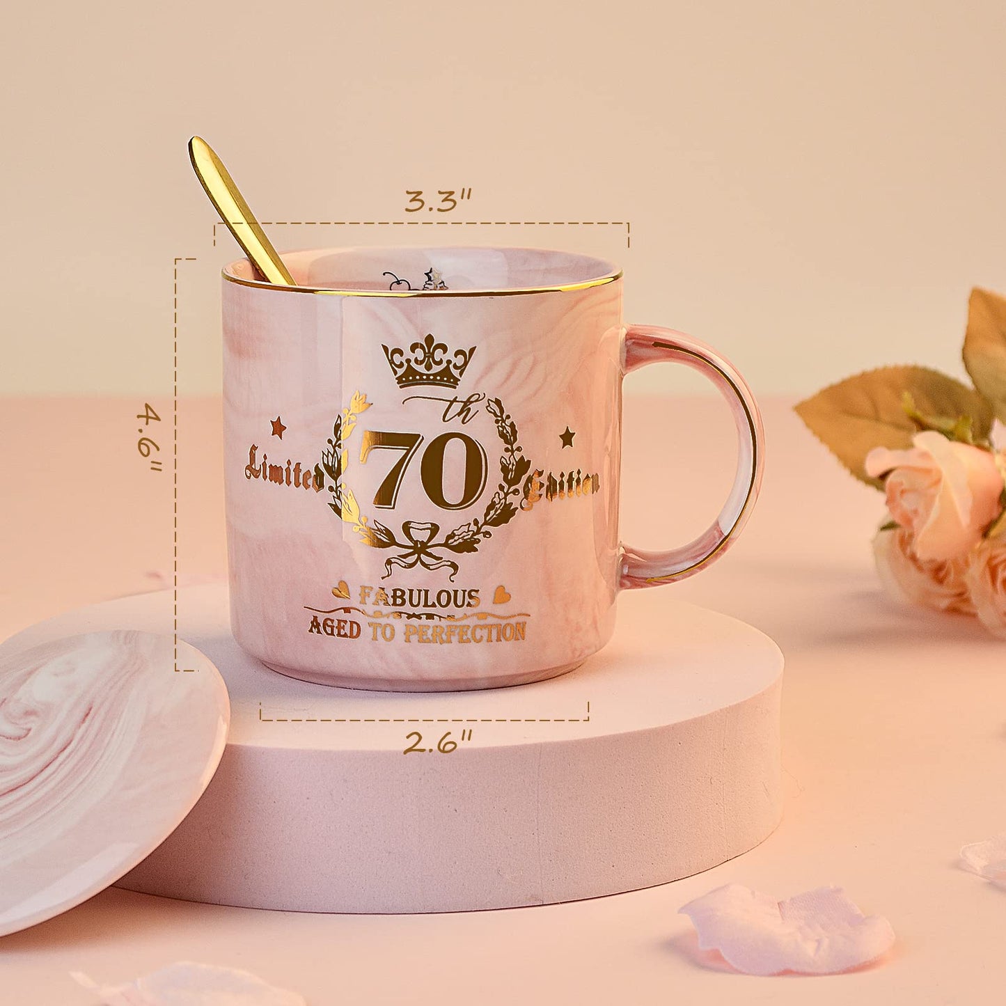 70th Birthday Gifts for Women - Aged to Perfection Coffee Mug - Unique Birthday Present for Grandma Mum Wife Girl Friend Sister - Pink Marble Mug for Coffee Lovers 14Oz Tea Cup Gift Boxed