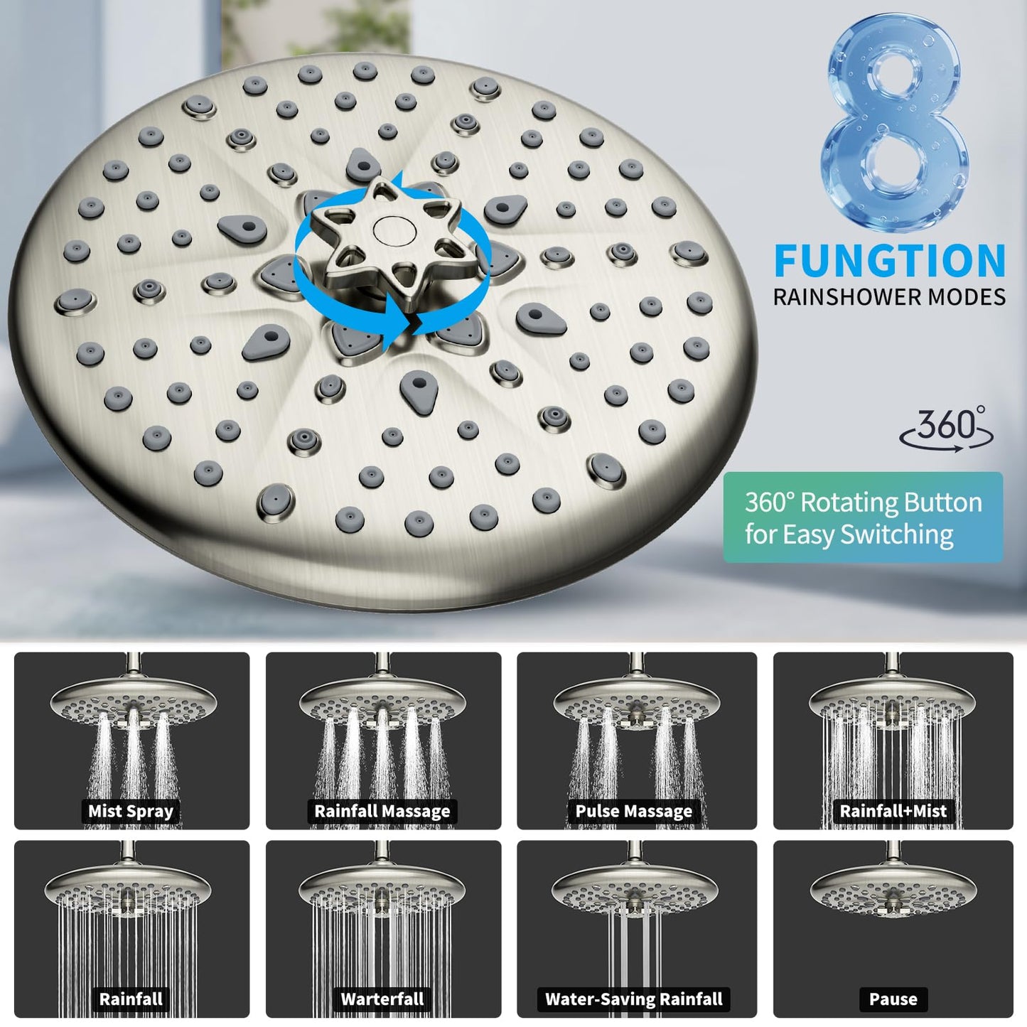 EMBATHER Shower Faucet Sets - Overhead Rain Head Shower System with High Pressure Handheld Complete Combo and Mixer Valve Trim Kit - Brushed Nickel Rainfall Shower Fixture for Luxury Bathroom