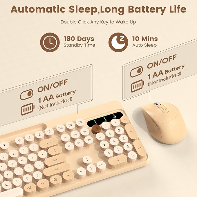 Wireless Keyboard and Mouse Combo, Retro Round Keycaps, Full-Size Stylish Typewriter Keyboard with Phone/Tablet Holder, Ergonomic Mouse with 3-Level DPI, 2.4GHz Connection for Windows/PC (Milk-Tea)