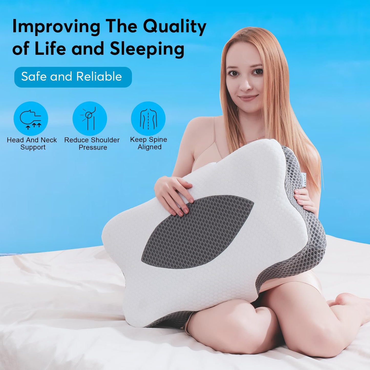 Anvo Cervical Pillow for Neck Pain Relief - Neck Pillows for Pain Relief Sleeping - Pillow for Neck and Shoulder Pain - Ergonomic Design for Side Back Stomach Sleeper-Grey Queen Firm