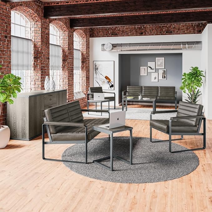 NBF 3 Seat Office Lounge Sofa - Black Polyurethane Upholstery with Charcoal Metal Frame - Modern Waiting Room Sofa Bench - 78.75" W x 30.75" D x 29.5" H