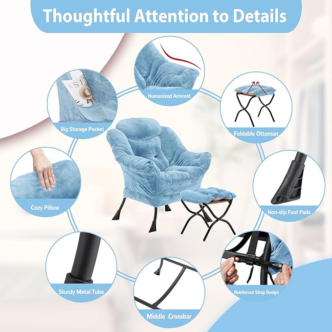 Youtanic Lazy Chair with Folding Ottoman, Accent Chair Plush Upholstered with Metal Structure and Non-Slip Pads, Sofa Armchair with Footrest and Side Storage Bag for Dorm, Room, Office, Blue