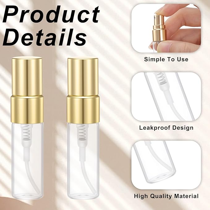 20 Pack Empty 3ml Clear Fine Mist Glass Bottle Gold Mini Sample Bottle Spray Bottles Refillable Mist Travel Sprayer Decant Bottles with Gold Lids for Travel Fragrance Sample DIY Sprays