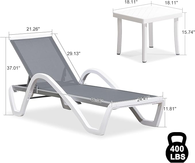 PURPLE LEAF Patio Chaise Lounge Chair Set Outside Aluminum Plastic Stackable Tanning Chairs with Armrests and Side Table for Pool Sunbathing Beach Deck Outdoor Lounger, Light Grey