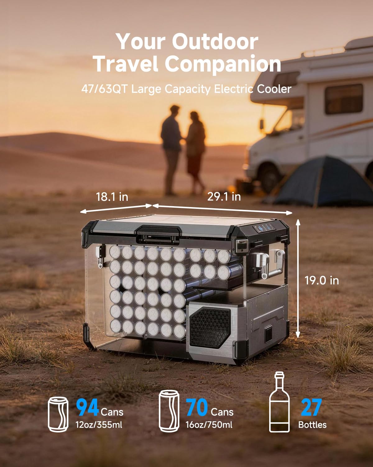 BODEGA 12V Car Refrigerator, 63QT Stainless Steel Portable Fridge with Removable Divider for Dual Zone MAX/ECO Modes & Battery Protection, Electric Cooler for RV, Truck, Camping