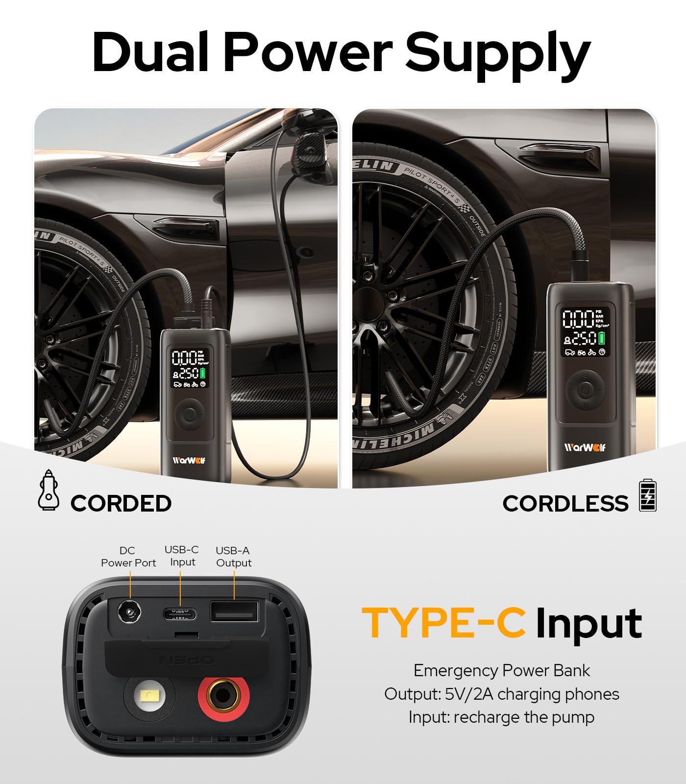 WARWOLF 160PSI Tire Inflator Portable Air Compressor - Bike Air Pump for Car Tires: SUV, Light Truck, Motorcycle, Bike, with Auto Shut-Off, Digital Gauge, 12V Car Adapter, LED Light