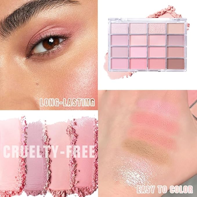 AMY'S DIARY 16 Colors Rose Pink Nude Eyeshadow Palette – Matte & Shimmer Finish – Warm Peach, Mauve, Champagne & Brown Tones – Highly Pigmented, Blendable, Travel Size for woman