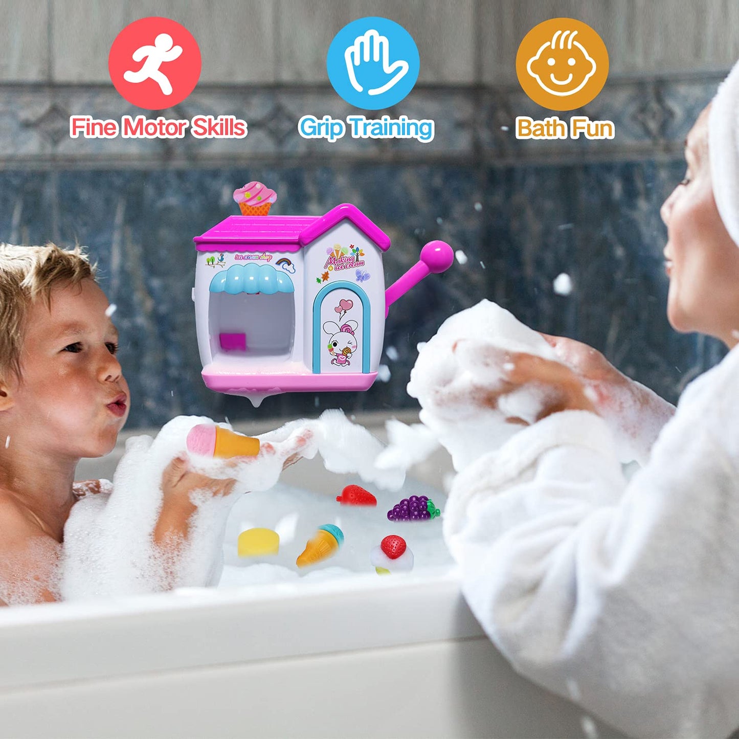 AugToy Bath Toys for Toddlers 3-5 Years, Ice Cream Foam Maker Bath Toys for Kids Ages 4-8, Bubble Pretend Cake Play Set Bathtub Toys Age 3 4 5 Year Old Girls Boys Holiday Birthday Gifts Idea